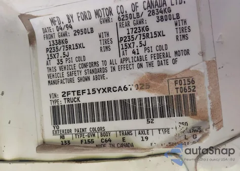 1994 Ford F150 z USA, uszkodzony, nr VIN 2FTEF15YXRCA67025